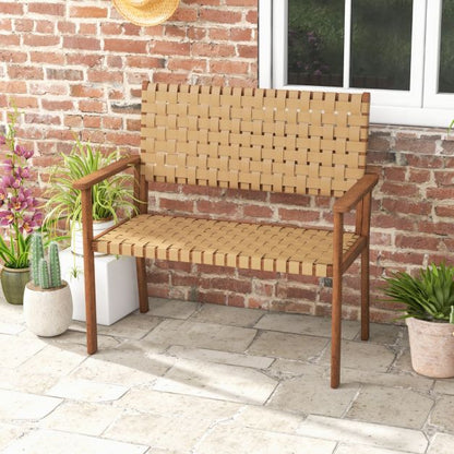 Outdoor All Weather Bench with Solid Rubber Wood Frame and Hand Woven PU Leather-Natural