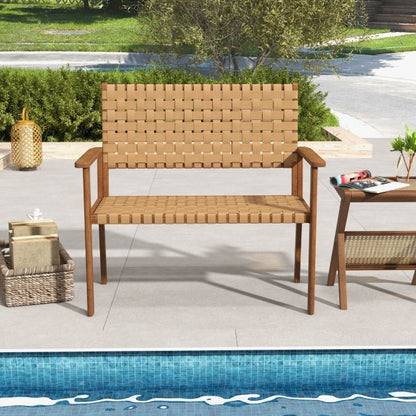 Outdoor All Weather Bench with Solid Rubber Wood Frame and Hand Woven PU Leather-Natural