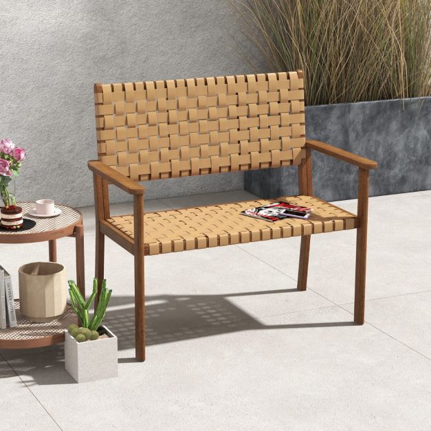 Outdoor All Weather Bench with Solid Rubber Wood Frame and Hand Woven PU Leather-Natural