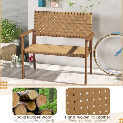 Outdoor All Weather Bench with Solid Rubber Wood Frame and Hand Woven PU Leather-Natural