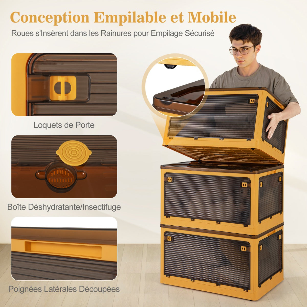 292 L Collapsible Storage Bins 3-Pack Stackable Storage Boxes with Lids-Yellow