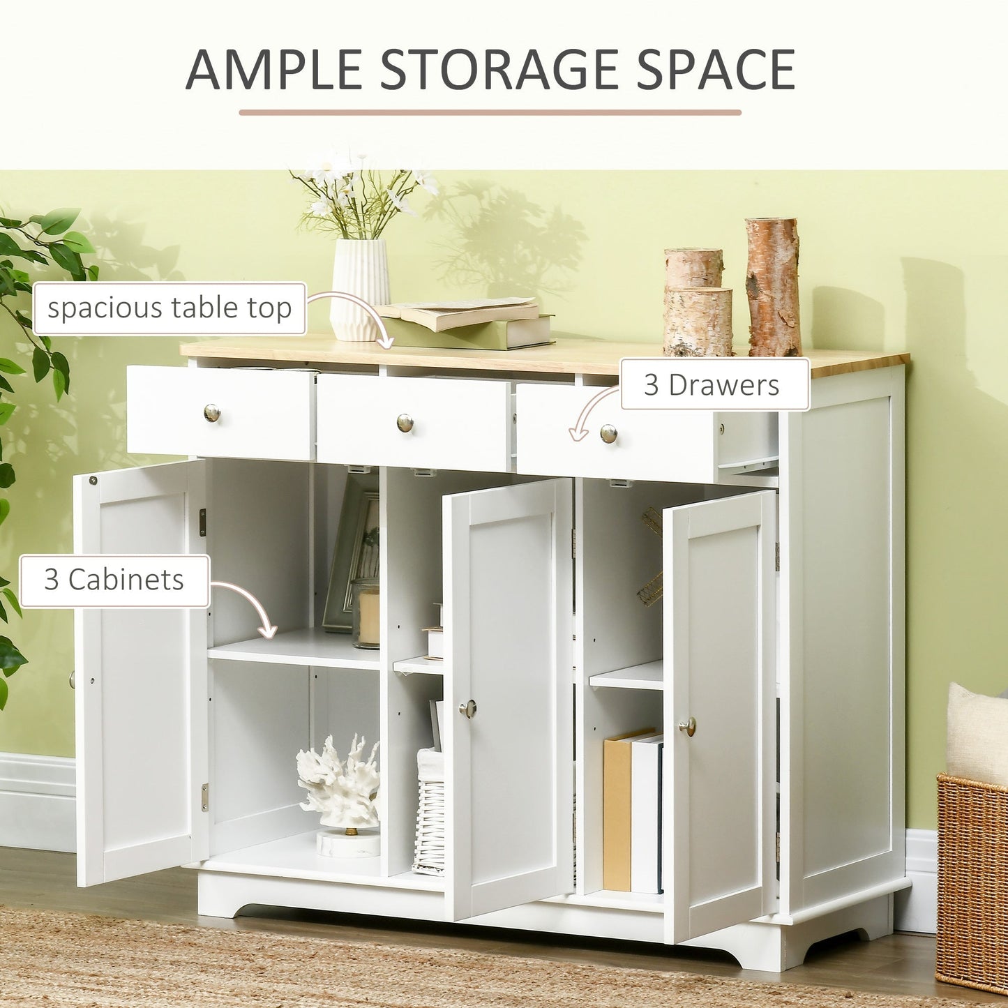 HOMCOM Sideboard with Rubber Wood Top, Modern Storage Cabinet, Kitchen Cupboard with 3 Doors, 3 Drawers and 3 Adjustable Shelves for Dining Room, Living Room, White