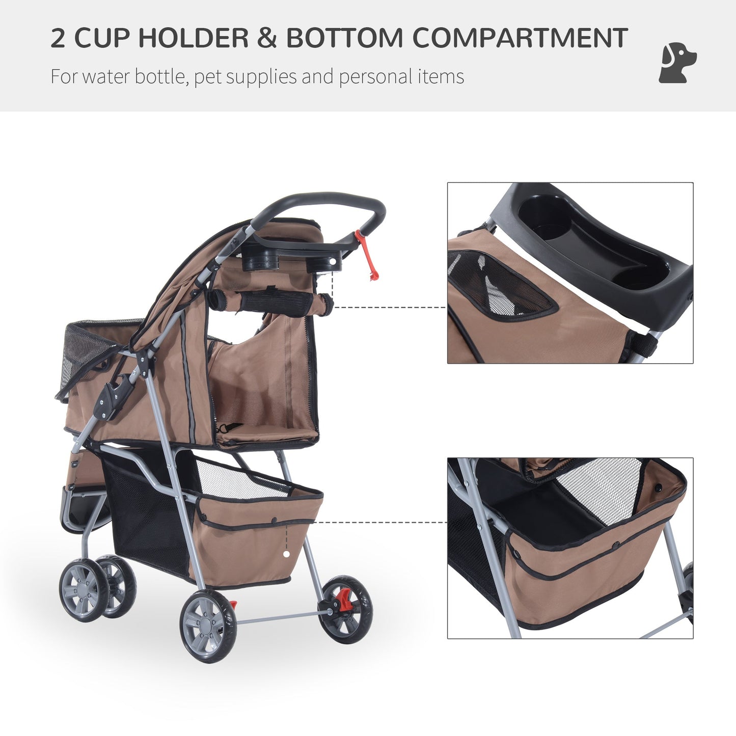 Pawhut Dog Pram Pet Travel Stroller Dog Pushchair مع ثلاث عجلات - قهوة