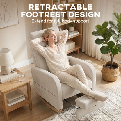 HOMCOM Upholstered Rocking Chair Retractable Footrest Rocker Chair High Back for Living Room Cream White