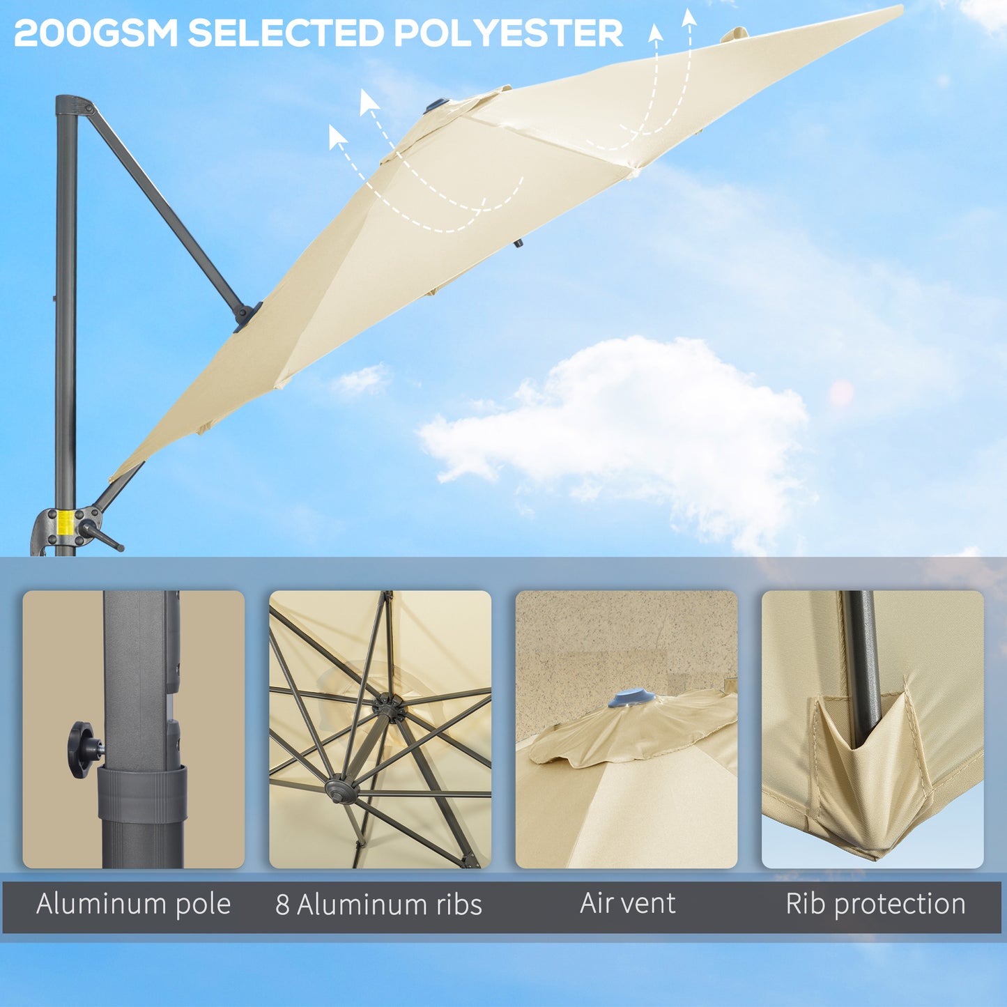 Outsunny 3 x 3(m) Parasol wysięgnikowy z podstawą krzyżową, parasol ogrodowy z obrotem 360√Ç¬∞, korbą i pochyleniem do użytku na zewnątrz, na patio, kremowo-biały