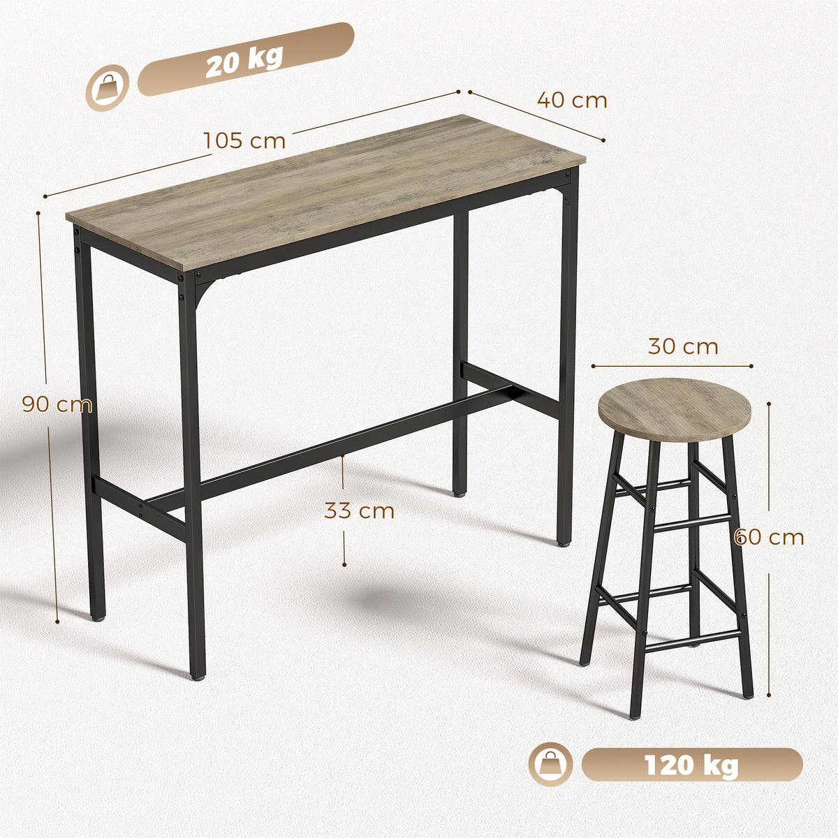 HOMCOM 5 Piece Bar Table Set with 4 Stools, Industrial Bar Table and Stool Set, Dining Table and Chair Set, Grey