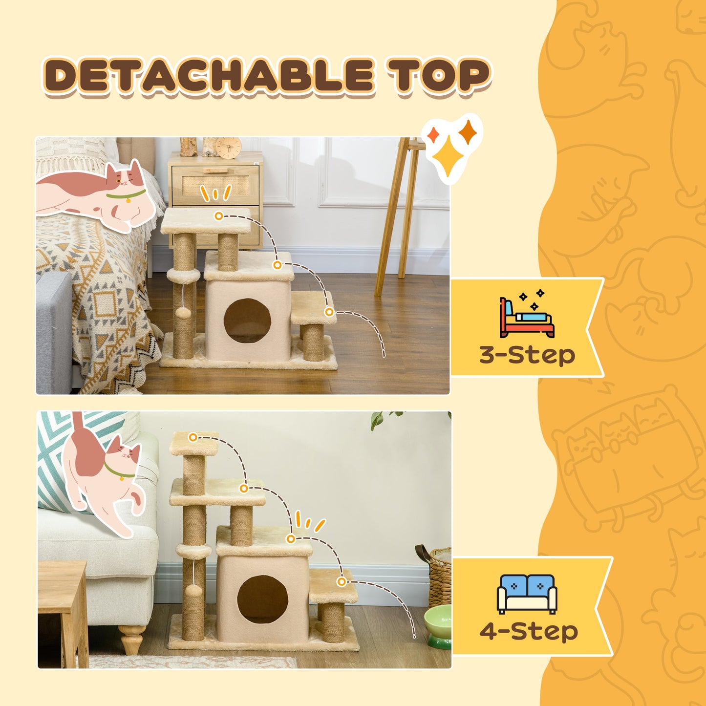 PawHut Adjustable Cat Steps, with House & Hanging Toy Ball - Beige