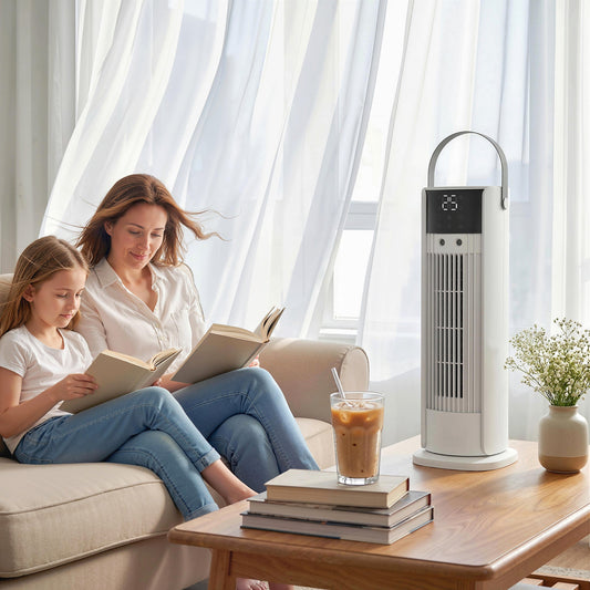 HOMCOM Tower Fan for Bedroom, 16 Inch Mist Desktop Fan with RGB Lights, 3 Speeds, 90Â° Oscillation, 10H Timer, for Home Office