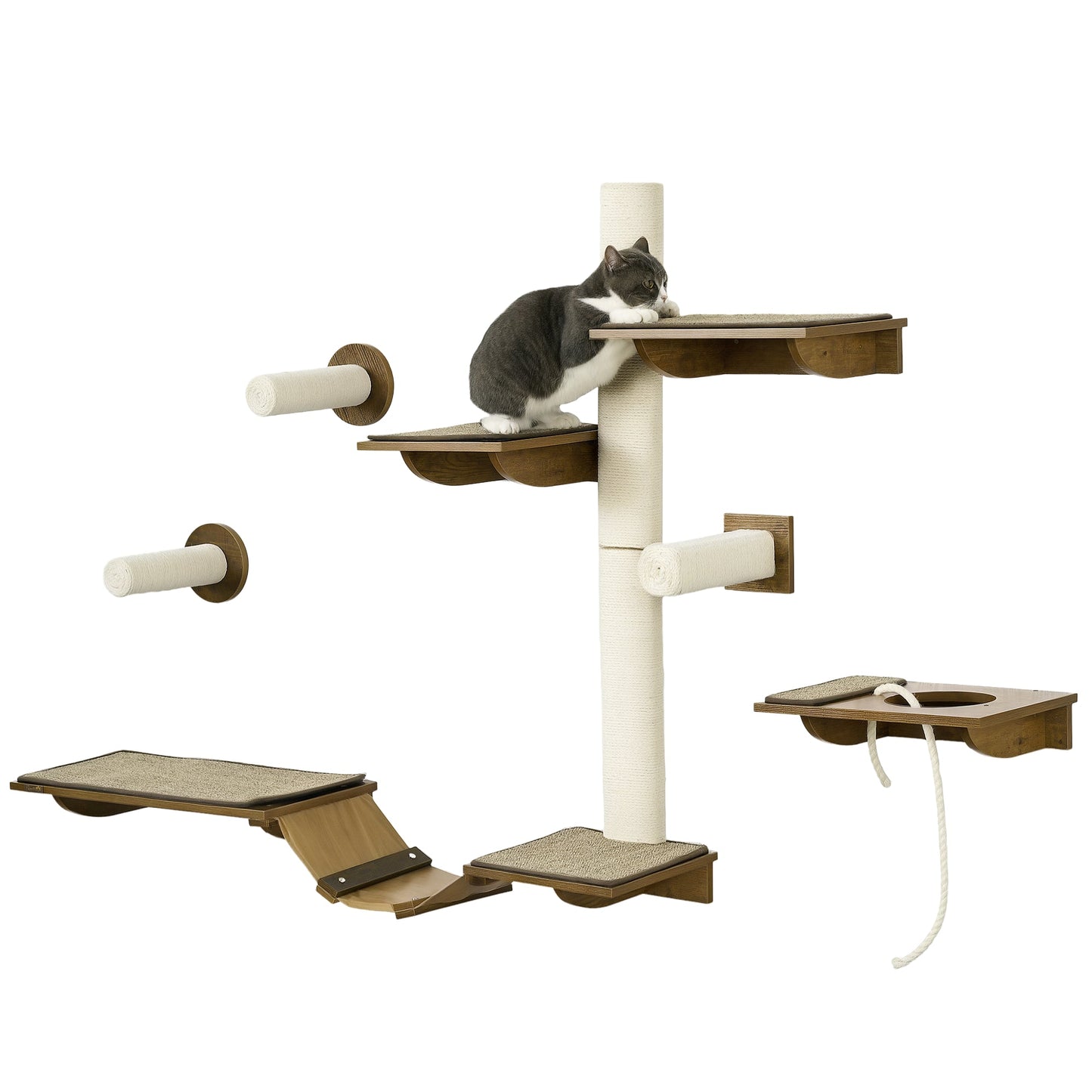 PawHut 8Pcs Wall Mounted Cat Tree with Scratching Posts, Perches, Ladder, for Sleeping, Playing, Lounging - Brown