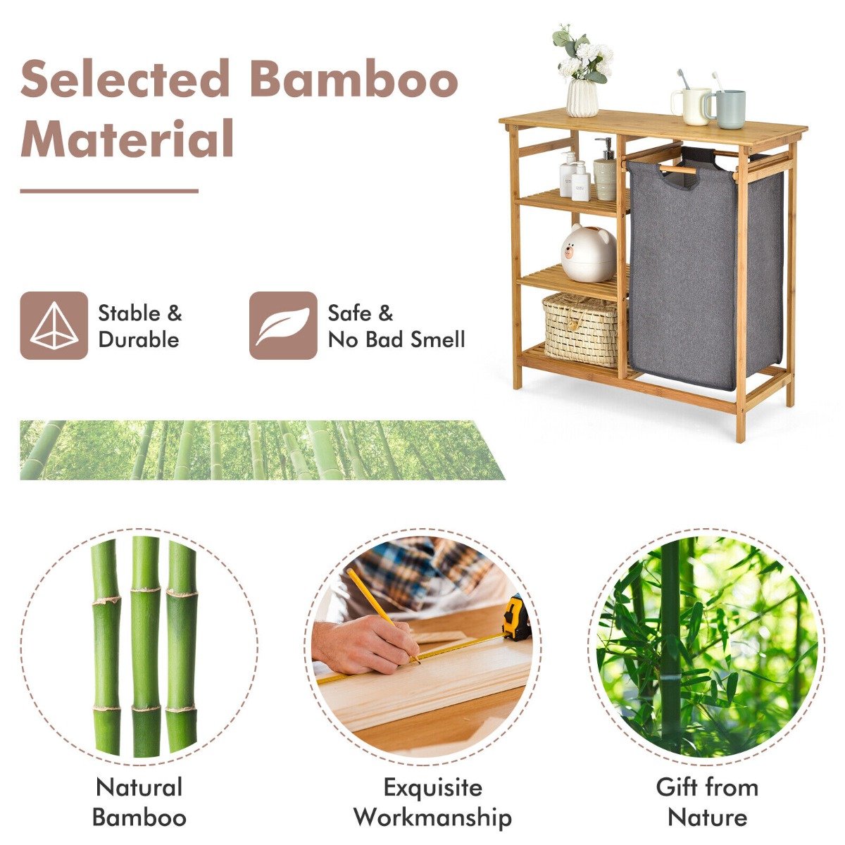 Bamboo Laundry Basket with Removable Pull-Out Bag and Storage Shelf-Natural