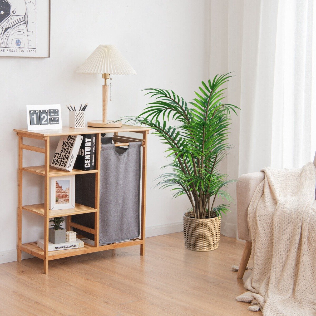 Bamboo Laundry Basket with Removable Pull-Out Bag and Storage Shelf-Natural