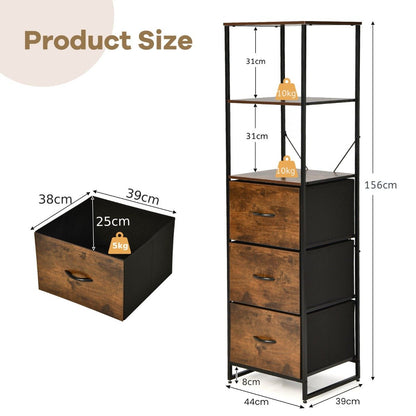 Storage Cabinet with 3 Drawers and 3-Tier Tall Shelf for Bedroom -Rustic Brown