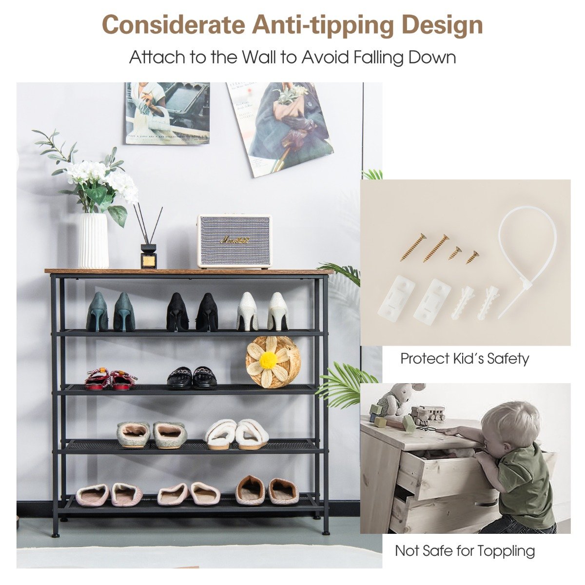 5-Tier Shoe Storage Rack with Metal Mesh Shelves and Wooden Top-Brown