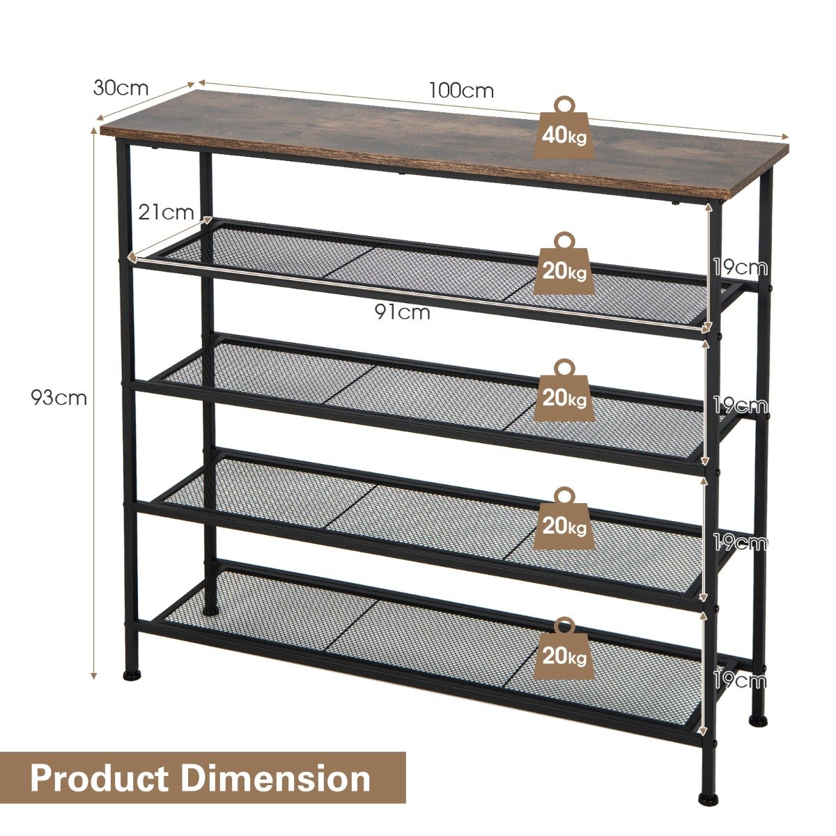 5-Tier Shoe Storage Rack with Metal Mesh Shelves and Wooden Top-Brown