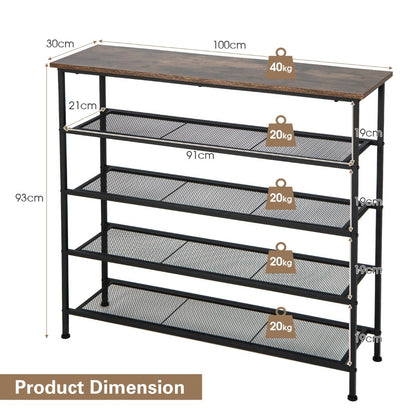 5-Tier Shoe Storage Rack with Metal Mesh Shelves and Wooden Top-Brown