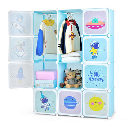 Portable Children Wardrobe with 12 Cubes and 2 Clothes Hanging Section-Blue