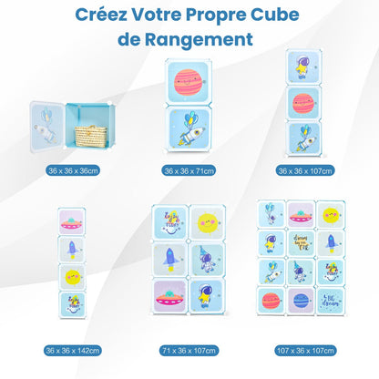 Portable Children Wardrobe with 12 Cubes and 2 Clothes Hanging Section-Blue