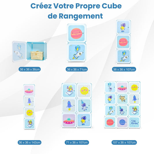 Portable Children Wardrobe with 12 Cubes and 2 Clothes Hanging Section-Blue