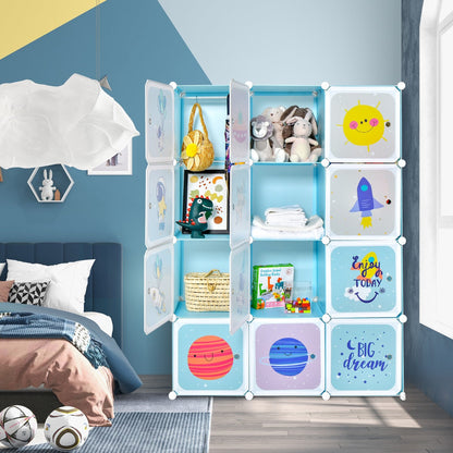 Portable Children Wardrobe with 12 Cubes and 2 Clothes Hanging Section-Blue
