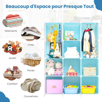 Portable Children Wardrobe with 12 Cubes and 2 Clothes Hanging Section-Blue