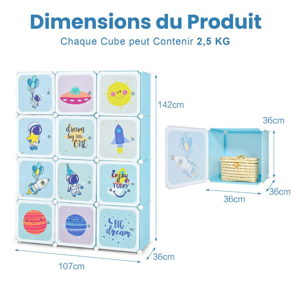 Portable Children Wardrobe with 12 Cubes and 2 Clothes Hanging Section-Blue