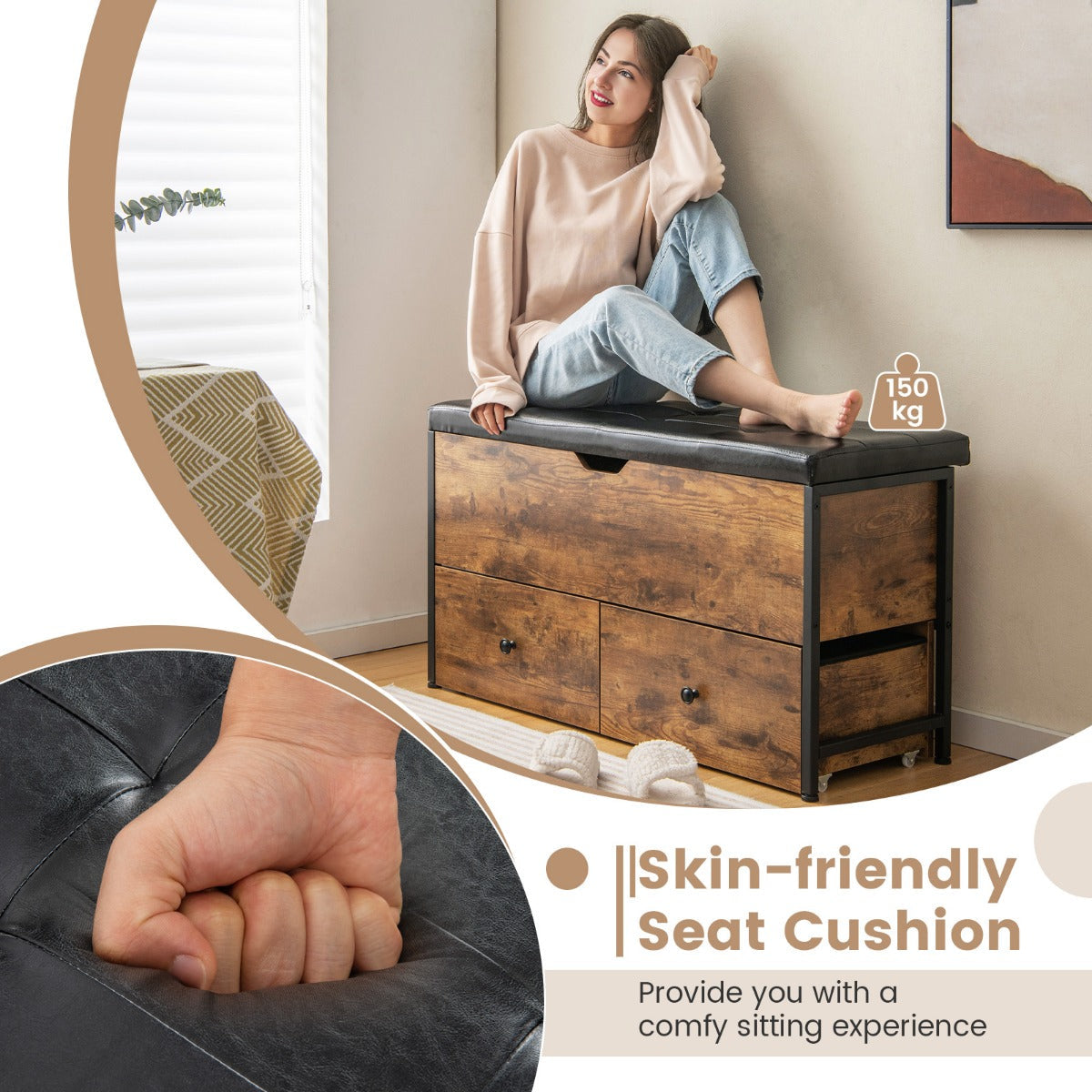 Storage Ottoman Bench with Padded Seat Cushion and 2 Drawers-Rustic brown