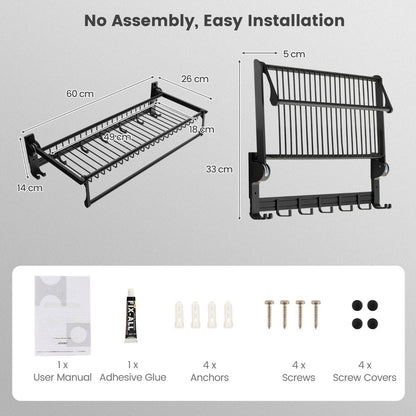 Foldable Bathroom Towel Rack with Adjustable Towel Bar and Movable Hooks