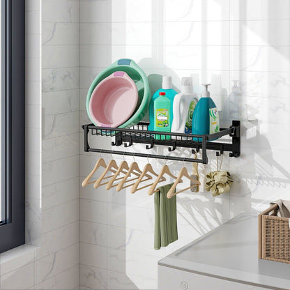 Foldable Bathroom Towel Rack with Adjustable Towel Bar and Movable Hooks