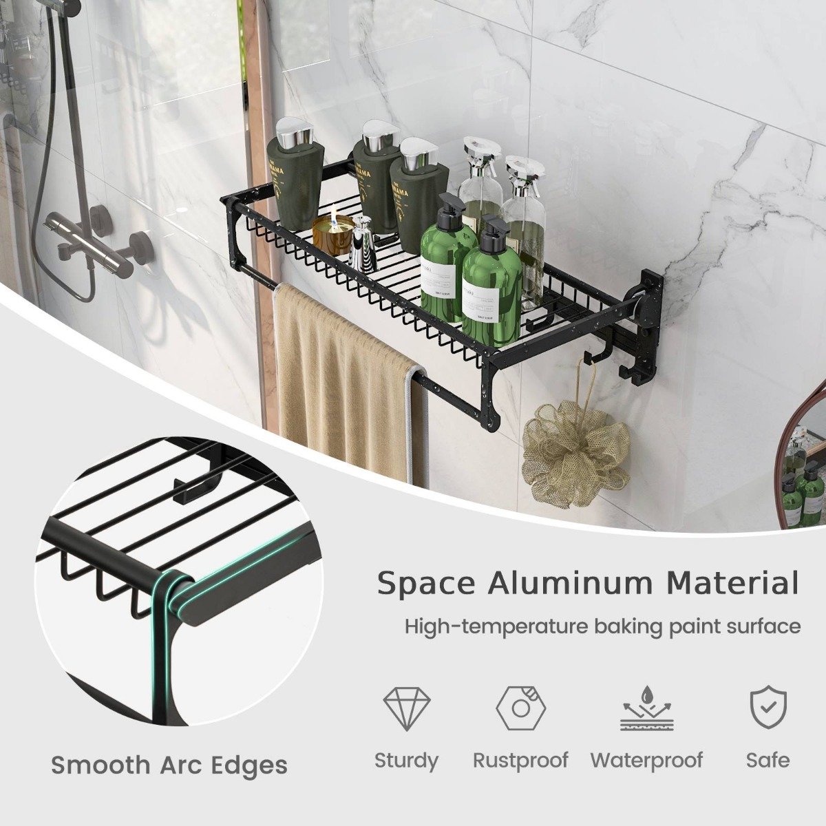 Foldable Bathroom Towel Rack with Adjustable Towel Bar and Movable Hooks