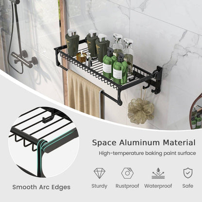 Foldable Bathroom Towel Rack with Adjustable Towel Bar and Movable Hooks