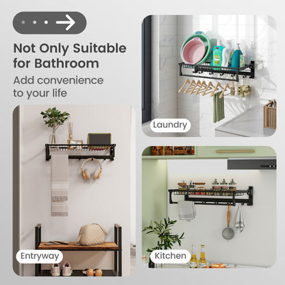 Foldable Bathroom Towel Rack with Adjustable Towel Bar and Movable Hooks