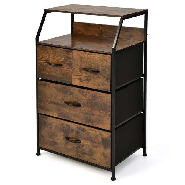Free Standing Floor Storage Chest with Steel Frame and Fabric Bins-Brown
