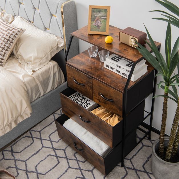 Free Standing Floor Storage Chest with Steel Frame and Fabric Bins-Brown
