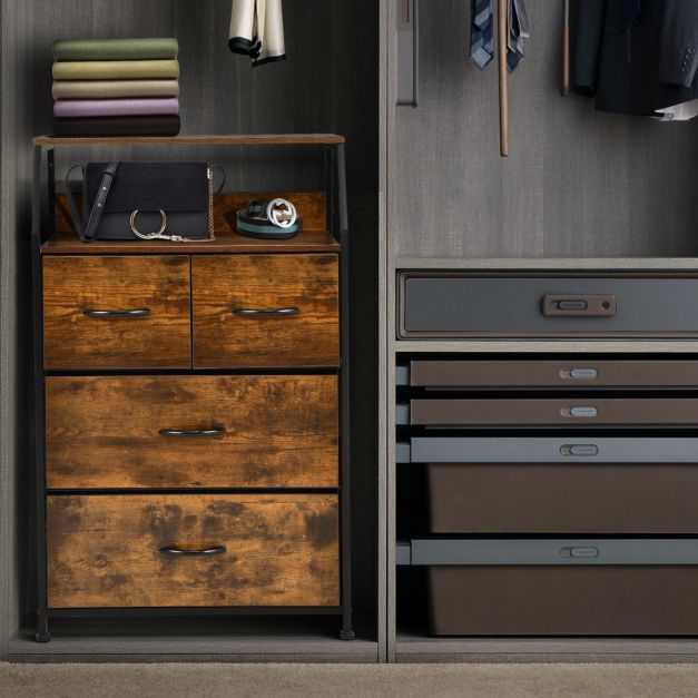 Free Standing Floor Storage Chest with Steel Frame and Fabric Bins-Brown