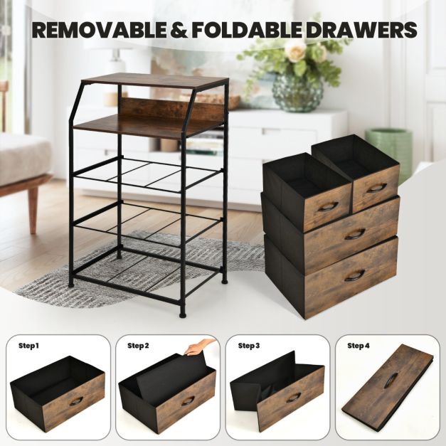 Free Standing Floor Storage Chest with Steel Frame and Fabric Bins-Brown