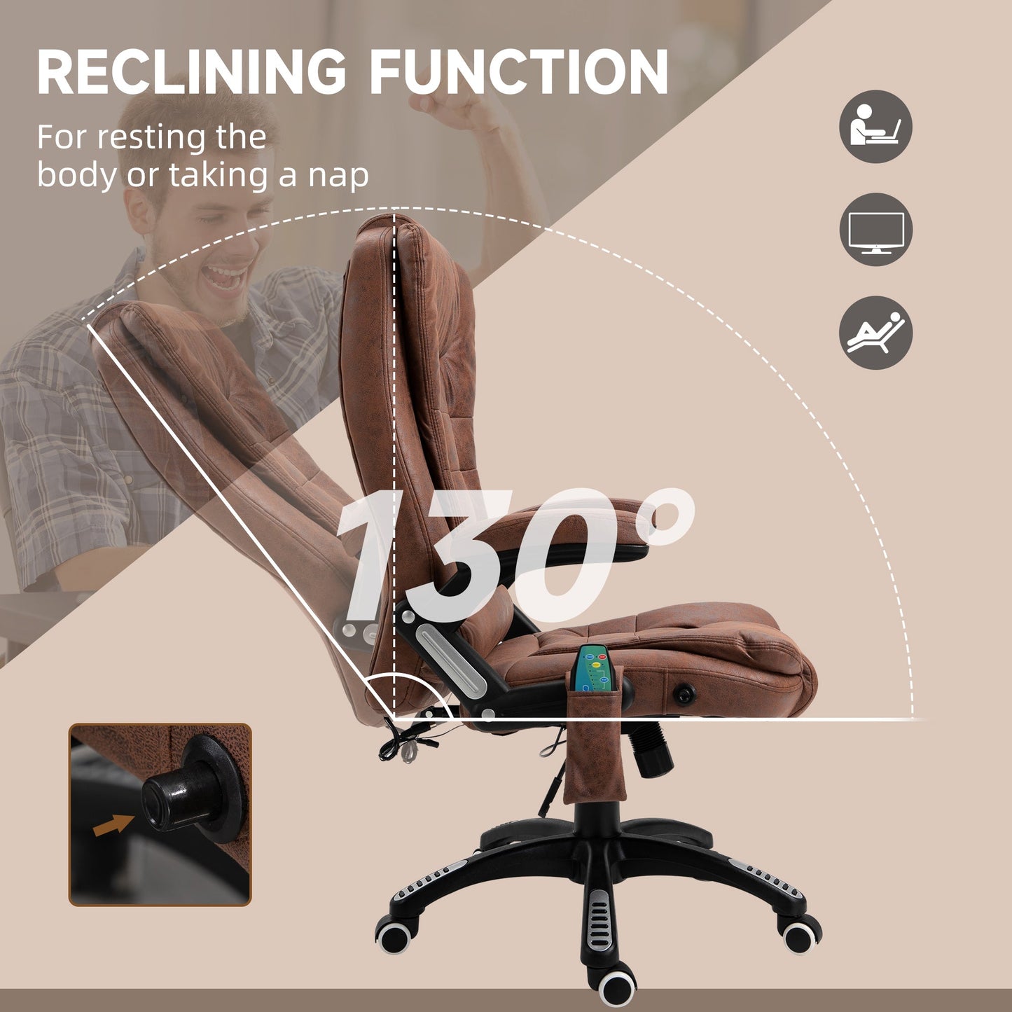 Vinsetto Massage Recliner Chair Heated Office Chair with Six Massage Points Microfiber Cloth 360¡ Swivel Wheels Brown