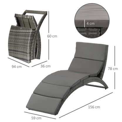 Outsunny Outdoor składany PE Rattan leżak z miękką wyściółką, ergonomiczny zakrzywiony design leżaka na balkon, ogród, szary