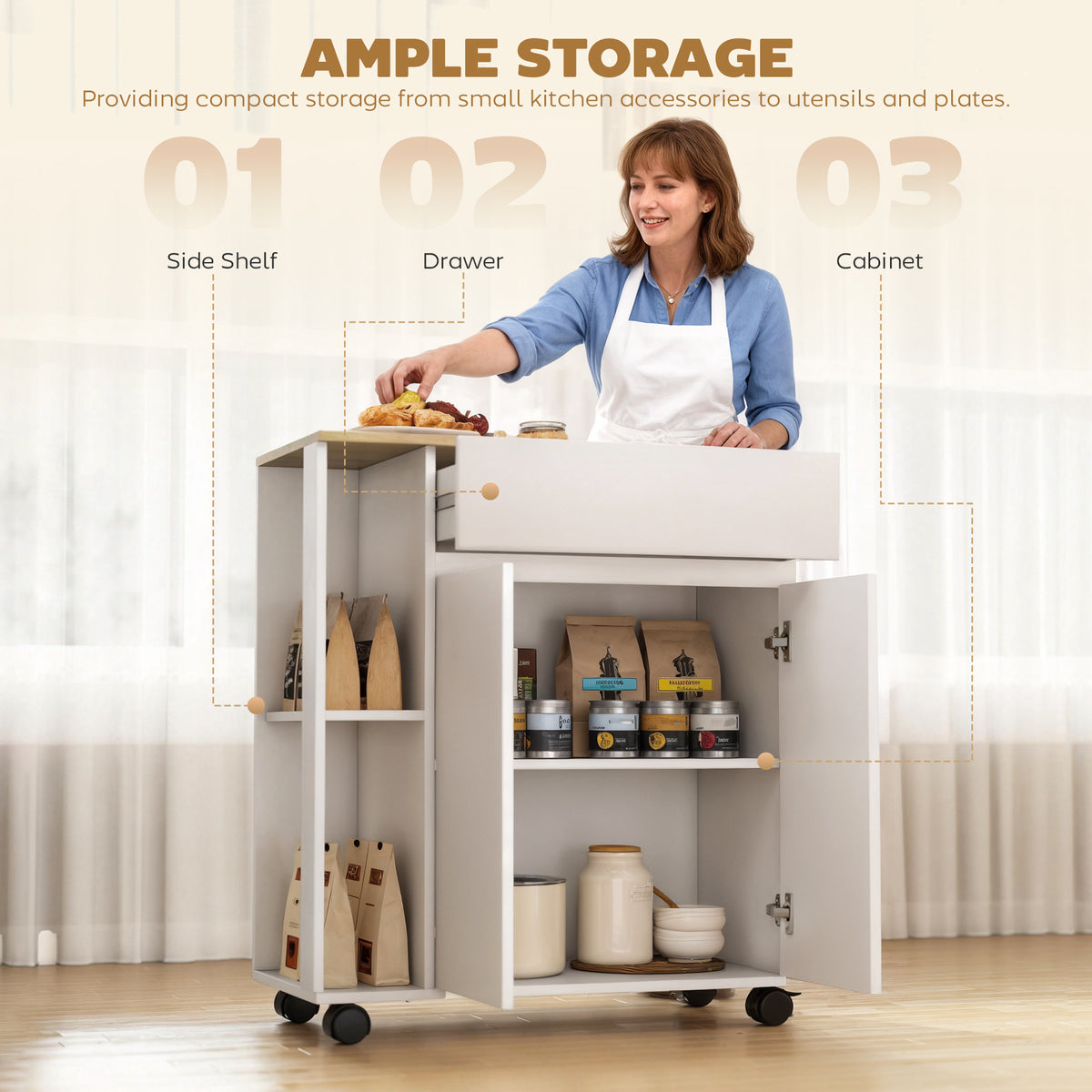 HOMCOM Kitchen Storage Trolley Cart with Cabinet, Drawer and Open Shelves, White