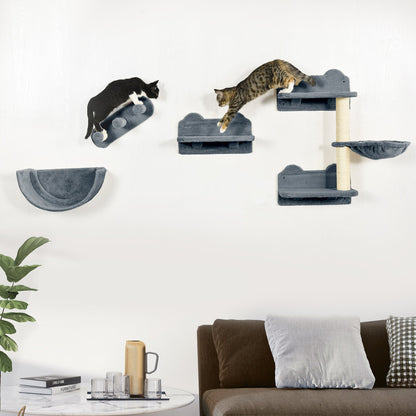 PawHut 4PCs Wall-Mounted Cat Shelves w/ Scratching Post, Hammock, Nest - Grey