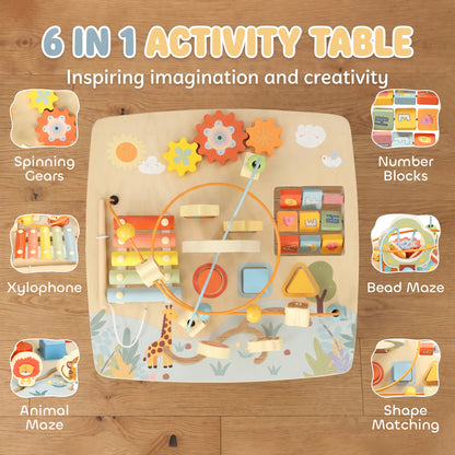 AIYAPLAY Wooden Baby Activity Table, 6 In 1 Montessori Learning Table with Bead Maze, Shape Sorter and Xylophone for 18M-3Y