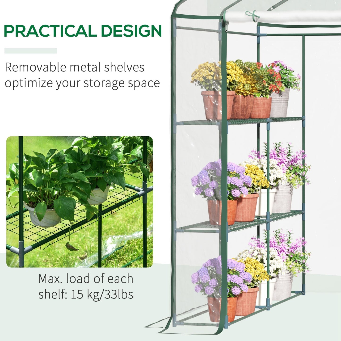 143 x 143 x 195 cm Walk-In Greenhouse 3 Tiers Portable Grow House w/ 8 Shelves, Metal Frame, PVC Film, Transparent