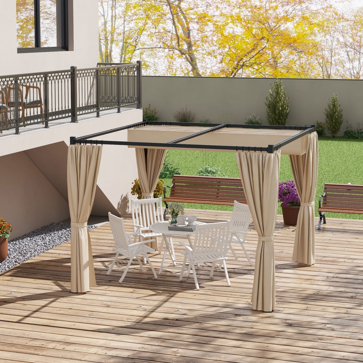 Outsunny 3 x 3(m) Rozsuwana pergola, altana ogrodowa z zasłonami, do grilla, na patio, pokład, beżowa