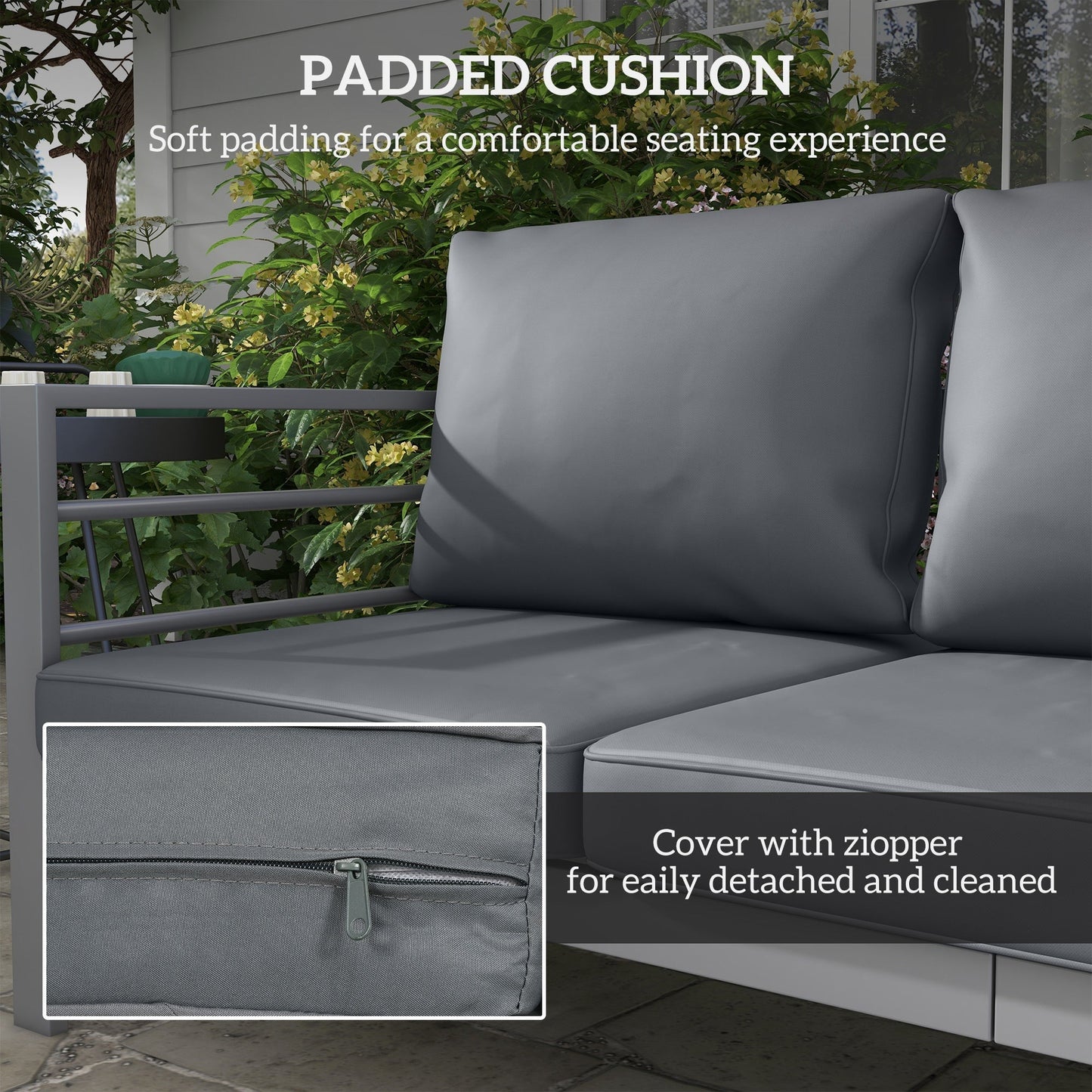 Outsunny Aluminium Three-Seater Garden Bench, with Cushions - Grey