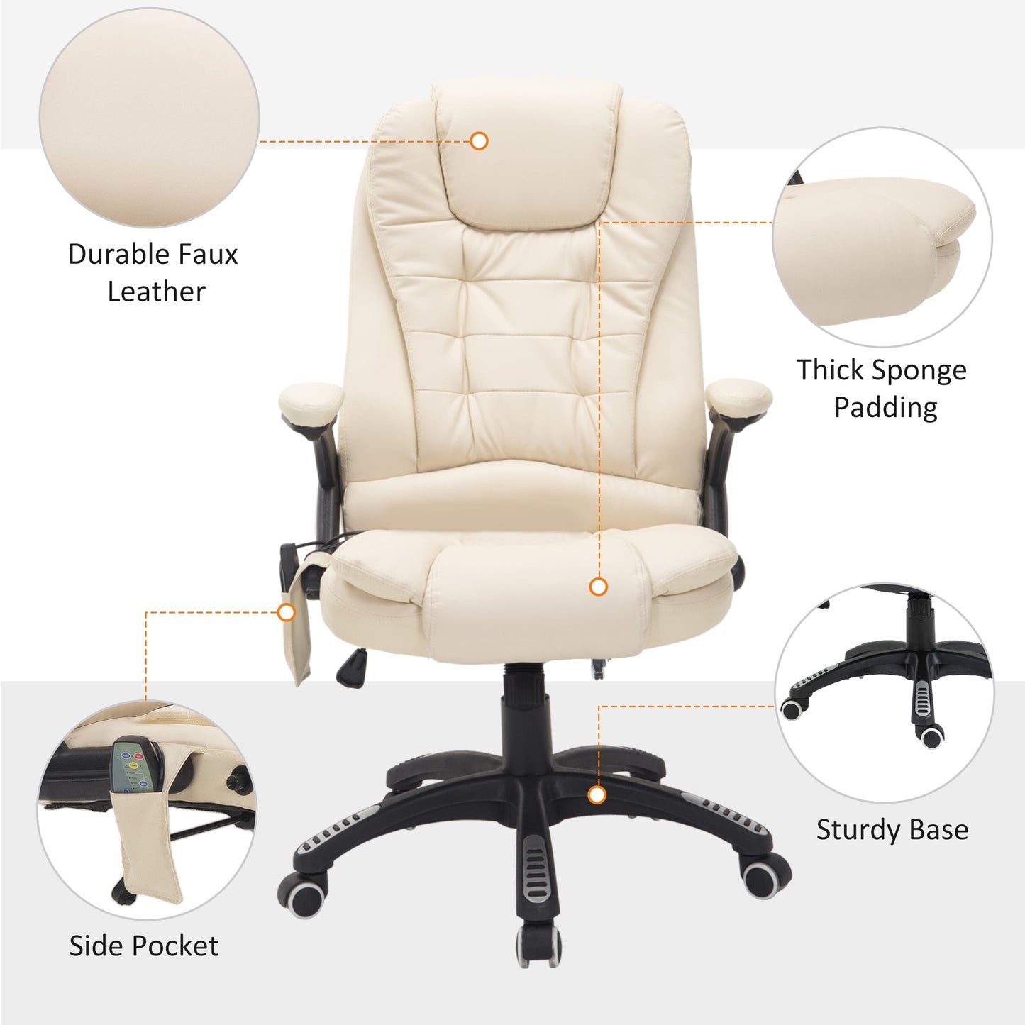 HOMCOM Heated Massage Office Chair, PU Leather Executive Office Chair with High Back, Tilt and Reclining Function, Beige