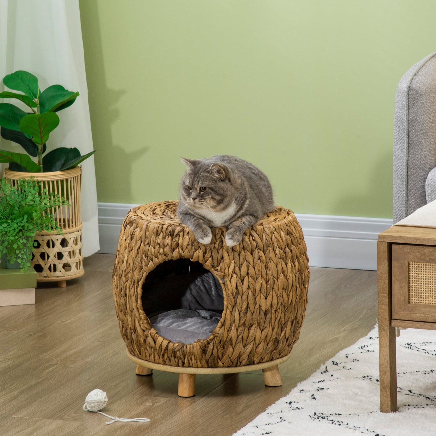 PawHut Wicker Cat Cave/House Stool with Soft Washable Cushion,Rattan Kitten Bed for Outdoor & Indoor Use， 44 x 43 x 41cm