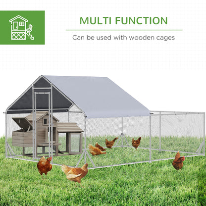 PawHut Walk In Chicken Run، حظيرة الدجاج المجلفنة في الهواء الطلق لبيت الدجاجة، قفص أرنب البط للفناء الخلفي مع الماء، غطاء مقاوم للأشعة فوق البنفسجية، 4 × 3 × 2 م