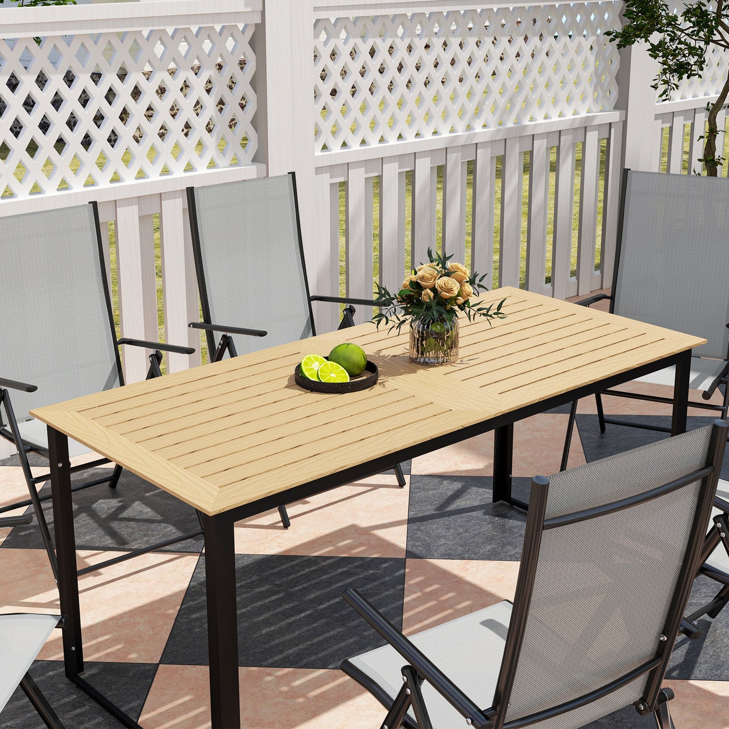 Stół ogrodowy Outsunny dla 6 osób, prostokątny stół jadalny do użytku na zewnątrz, 175 x 78 x 75 cm, z blatem z listew, metalowa rama, na balkon, taras, drewno tekowe