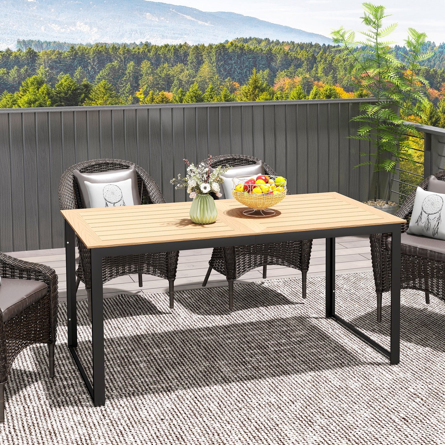 Stół ogrodowy Outsunny dla 6 osób, prostokątny stół jadalny na zewnątrz, 160 x 80 x 75 cm, z blatem z listew, metalowa rama, na balkon, taras, drewno tekowe