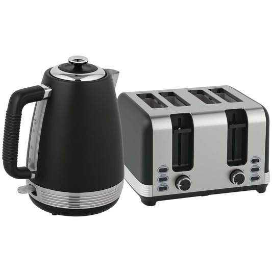 HOMCOM Stainless Steel Kettle and Toaster Set, 1.7L 3000W Rapid Boil Jug Kettle with UK Strix Thermostat, Limescale Filter, 4 Slice Toaster with 7 Browning Controls, Crumb Tray, Black and Silver Tone