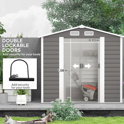 Outsunny 7 x 4ft Garden Shed, łatwy w montażu, ulepszona ocynkowana stalowa rama z zestawem fundamentowym, podwójne drzwi z zamkiem, metalowa szopa zewnętrzna z otworami wentylacyjnymi i rękawicami, ogrodowa szopa magazynowa, jasnoszary